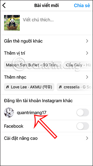 Tùy chọn đăng lên tài khoản Instagram liên kết