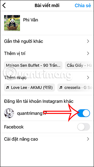 Bật đăng Instagram đã liên kết