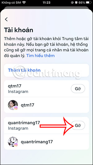 Gỡ tài khoản Instagram liên kết