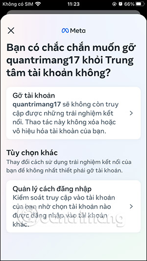 Tùy chọn gỡ tài khoản Instagram liên kết