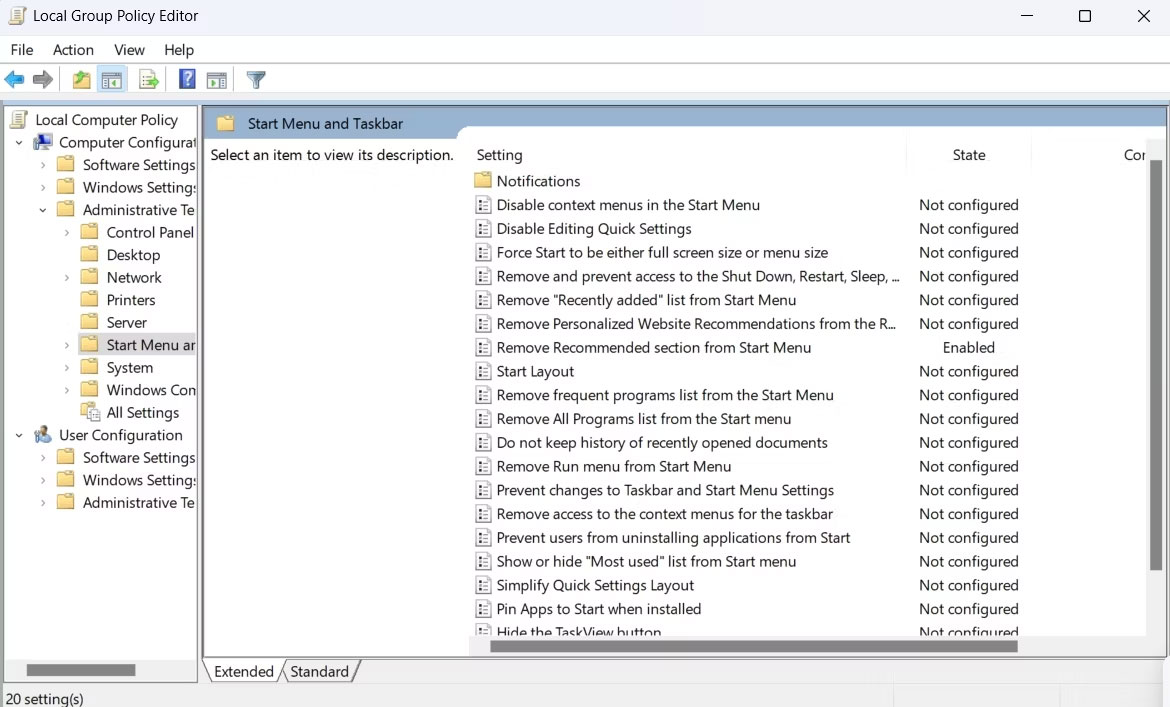 Cách xóa phần Recommended của menu Start trong Windows 11 1 Xóa phần Recommended khỏi policy menu Start trong LGPE