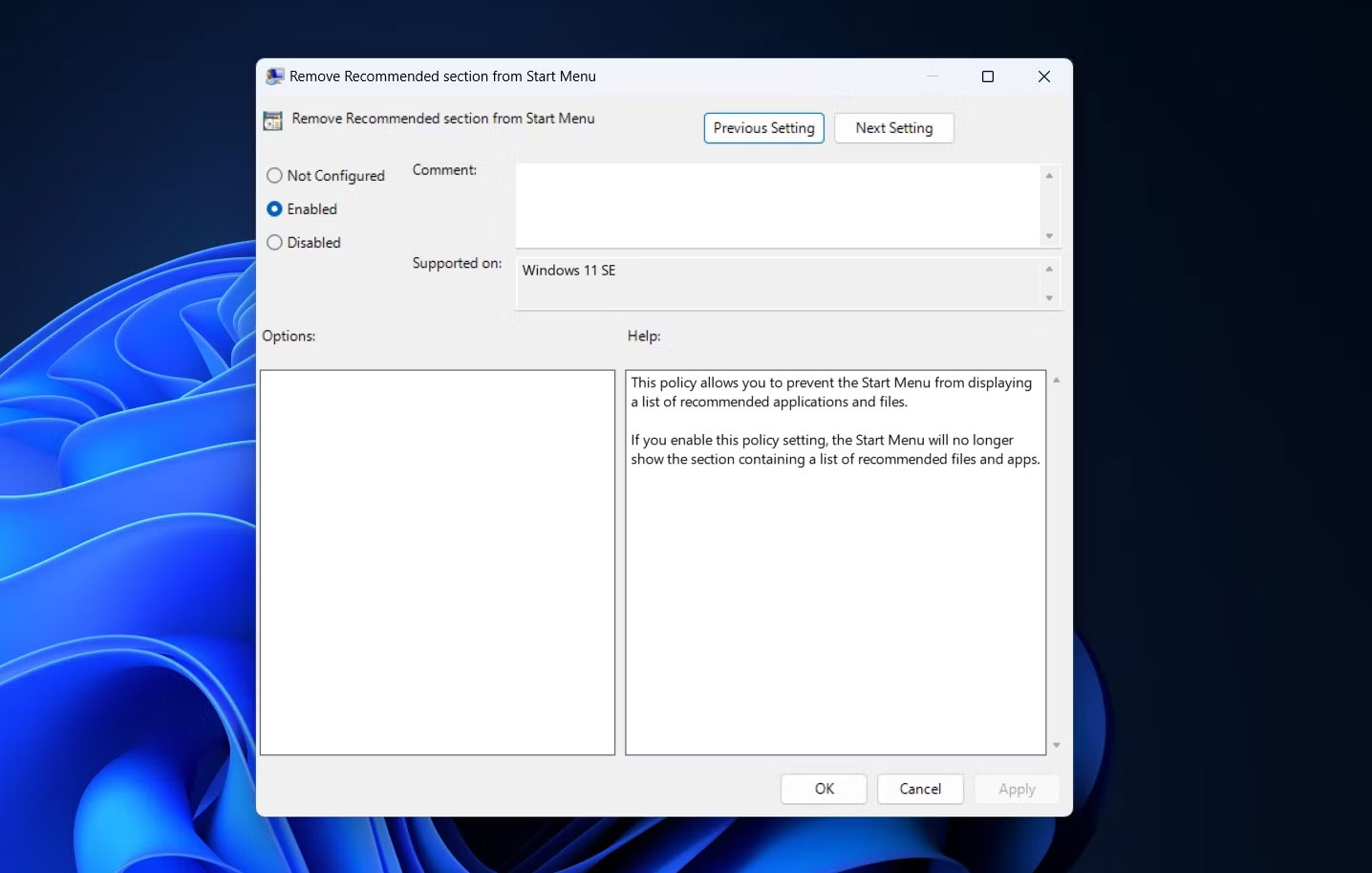 Cách xóa phần Recommended của menu Start trong Windows 11 2 Tùy chọn Enabled trong LGPE
