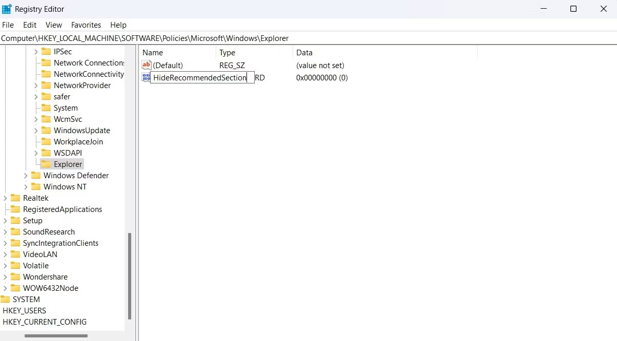 Cách xóa phần Recommended của menu Start trong Windows 11 4 Ẩn phần Recommended trong Registry Editor