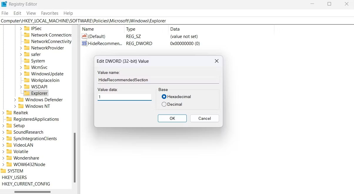 Cách xóa phần Recommended của menu Start trong Windows 11 5 Phần Value Data trong Registry Editor