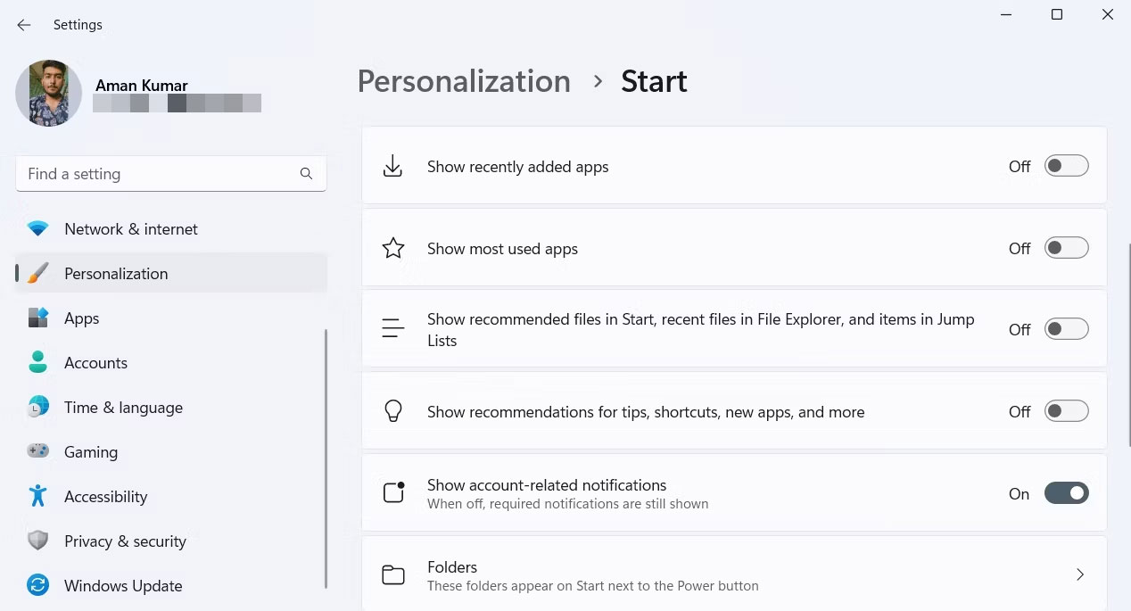 Cách xóa phần Recommended của menu Start trong Windows 11 6 Tùy chọn menu Start trong ứng dụng Settings