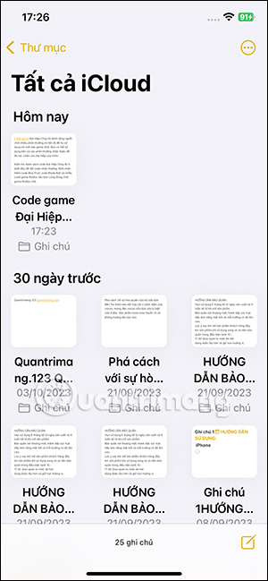 Giao diện ghi chú trên iPhone