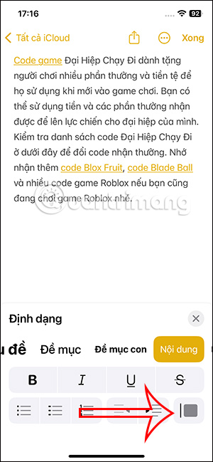 Chọn định dạng Block Quotes ghi chú iPhone