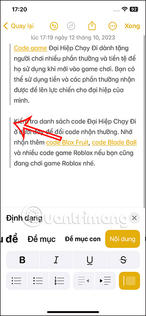 Chọn định dạng Block Quotes ghi chú iPhone