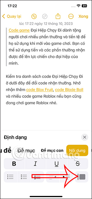Tắt định dạng ghi chú Block Quotes ghi chú iPhone