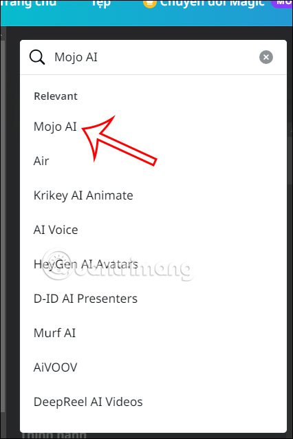 Tìm ứng dụng Mojo AI trên Canva 