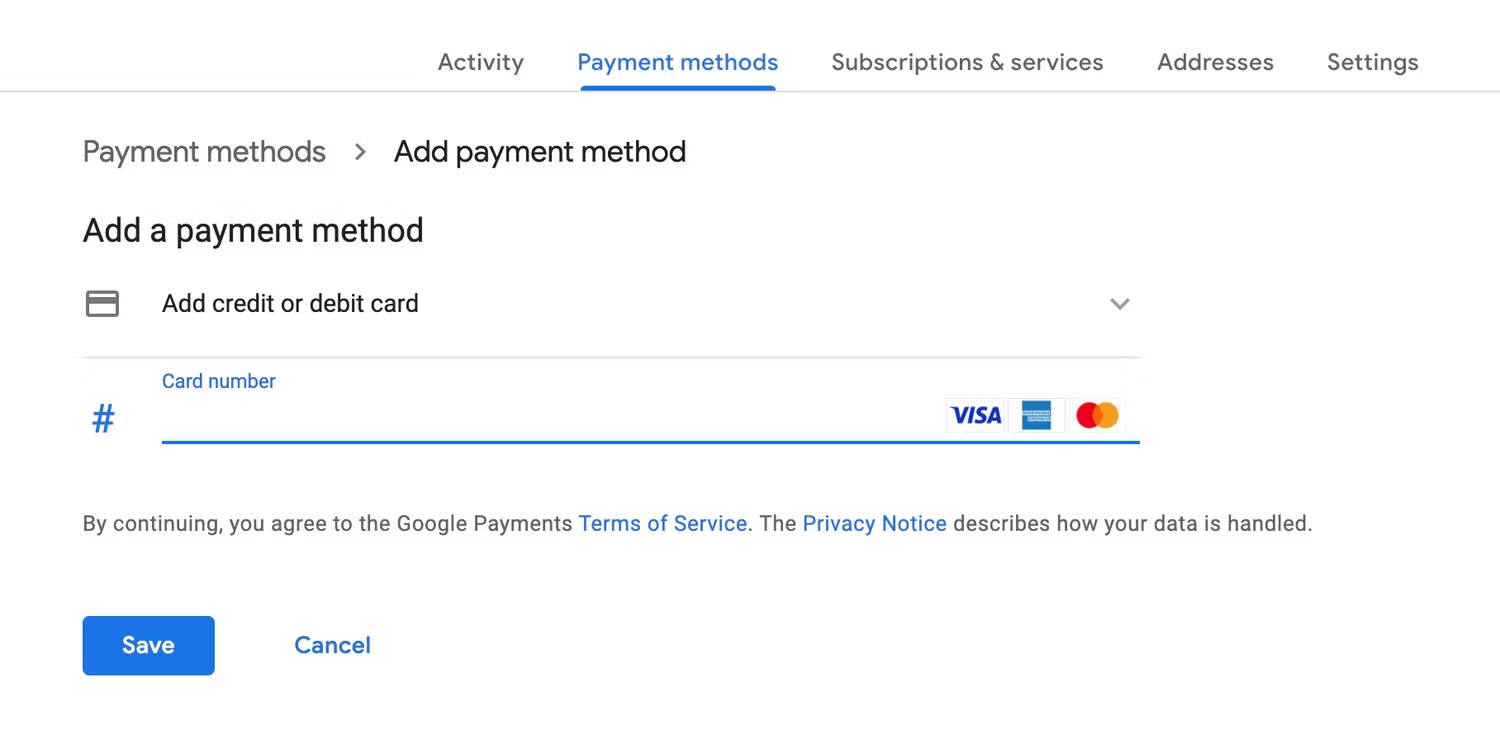 Thêm phương thức thanh toán vào tài khoản Google