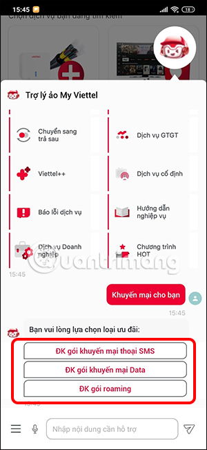 Các tùy chọn dịch vụ trên My Viettel