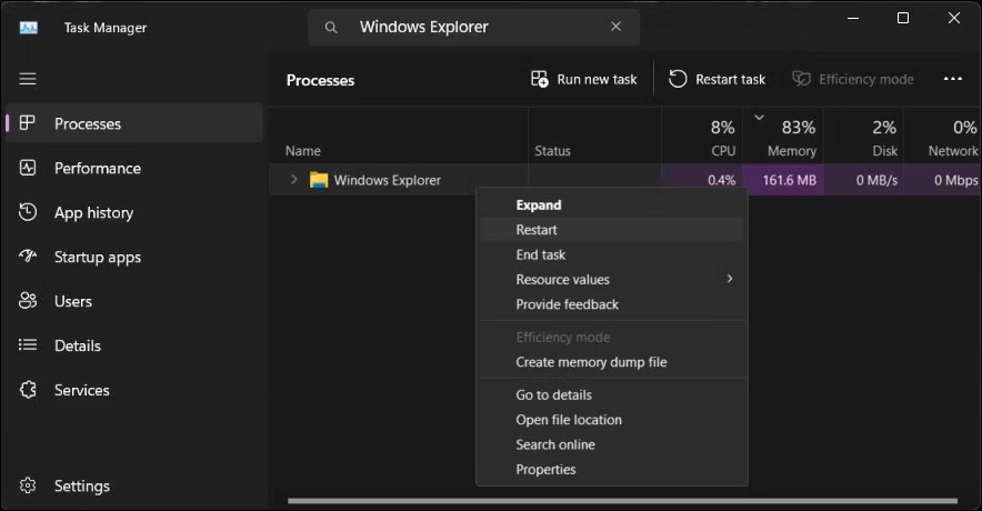 Khởi động lại trình quản lý tác vụ Windows Explorer