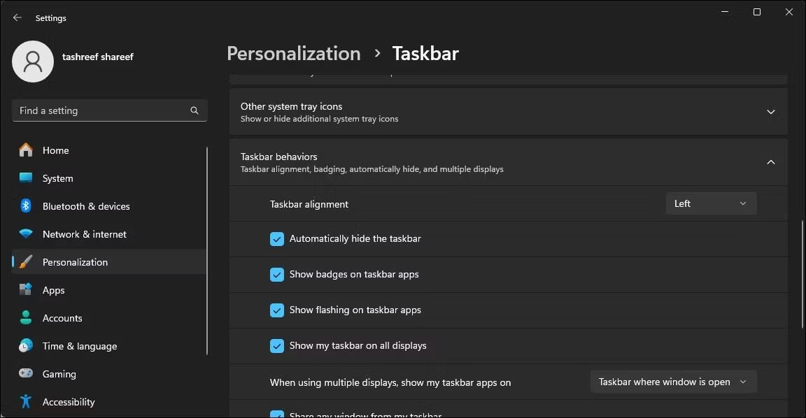 Mở rộng phần Taskbar behaviors