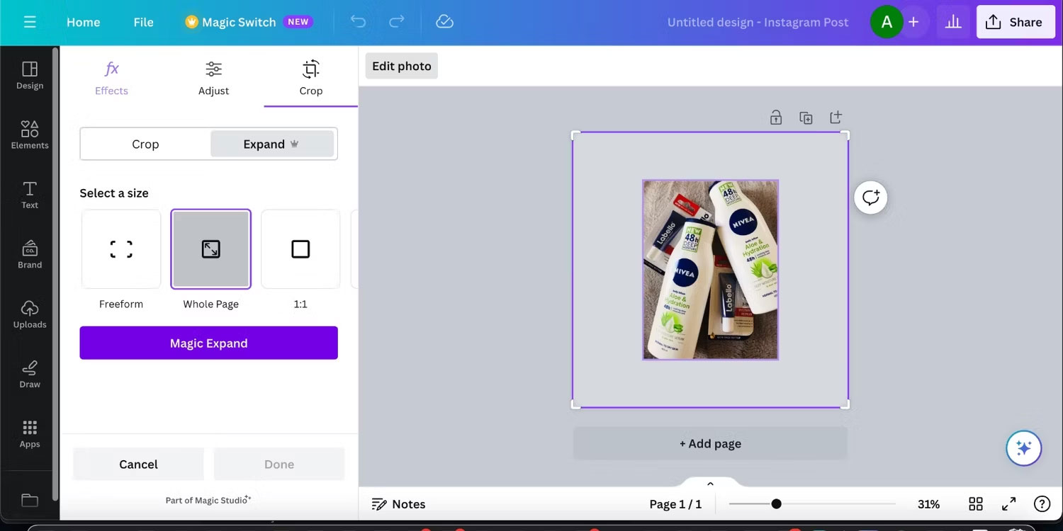 Chọn kích thước để áp dụng cho hình ảnh bằng công cụ Magic Expand của Canva