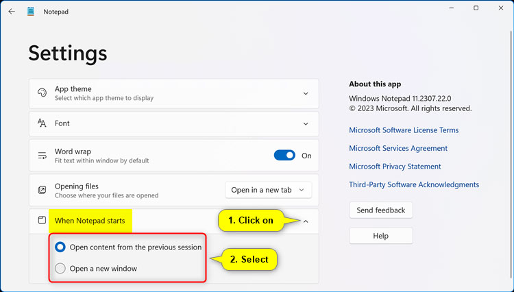 Cách bật/tắt tự động lưu trạng thái phiên Notepad trong Windows 11 3 Chọn Open content from the previous session hoặc Open a new window