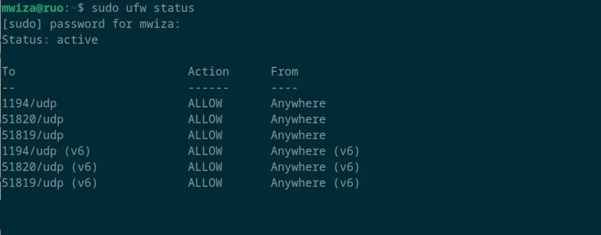 Trạng thái quy tắc UFW trên PC Linux