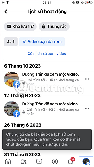 Thông báo xóa tất cả video Facebook