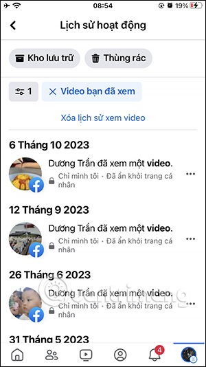 Lịch sử video Facebook đã xem