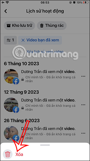 Xóa video Facebook đã xem