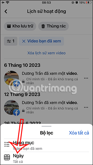 Chọn ngày xem video Facebook
