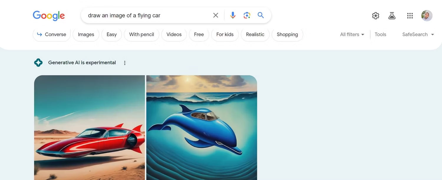Kết quả của trình tạo hình ảnh Google AI về ô tô bay
