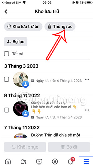 Thùng rác trên Facebook
