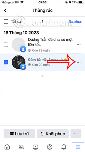 Tùy chọn bài viết Facebook đã xóa