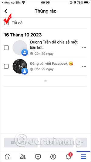 Chọn tất cả bài viết Facebook đã xóa