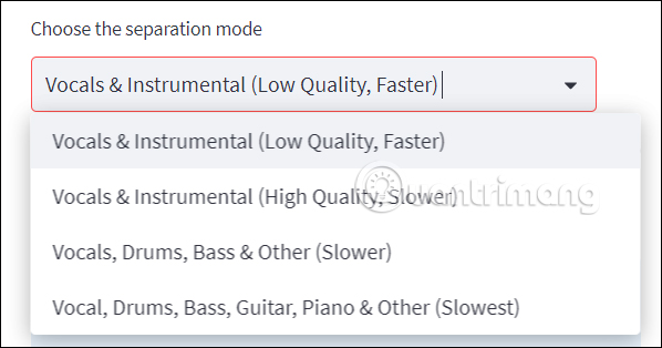 Chọn kiểu tách nhạc và lời trên Moseca