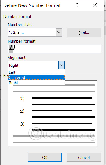 Chỉnh định dạng số thứ tự đầu dòng Word