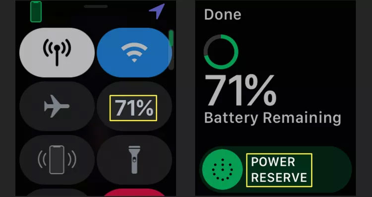 Control Center trên Apple Watch hiển thị cài đặt Power Reserve
