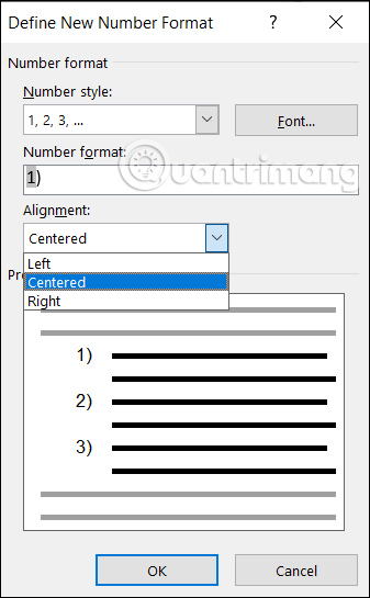 Chọn định dạng số thứ tự trong cột Word