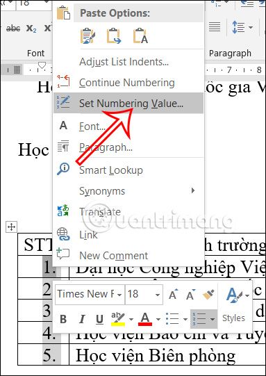 Chỉnh giá trị số thứ tự trong cột Word