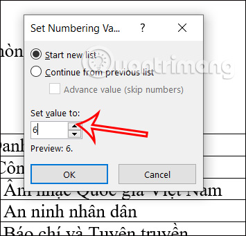 Nhập số thứ tự bắt đầu trong cột Word