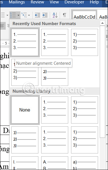 Chọn kiểu số thứ tự cột Word