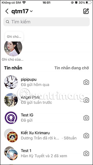 Giao diện nhắn tin trên Instagram