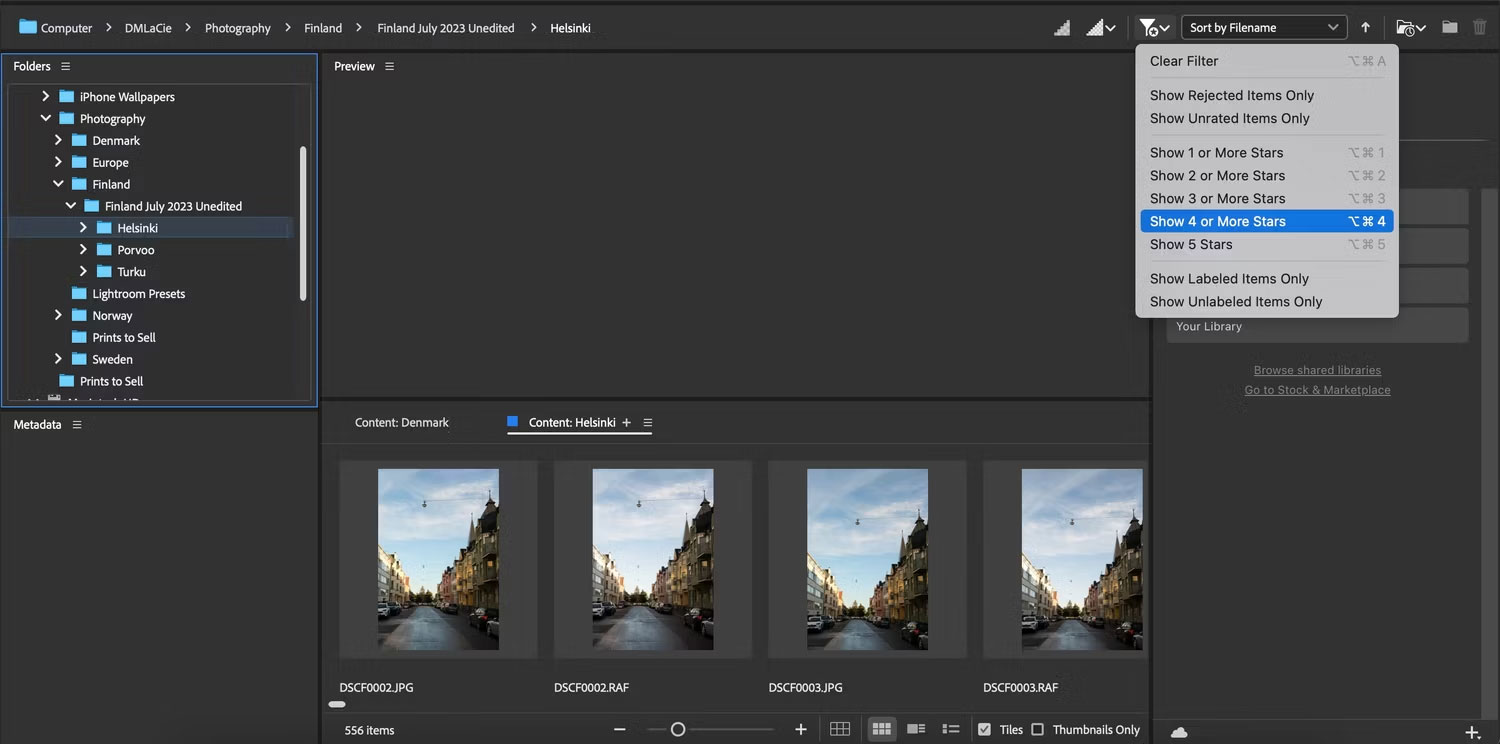 Các bộ lọc xếp hạng khác nhau trong ứng dụng Adobe Bridge