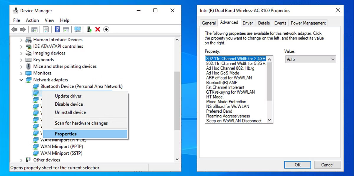 Cài đặt độ rộng kênh WiFi trong Windows 10