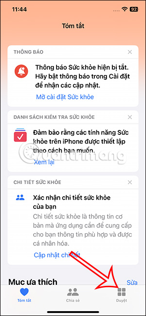 Duyệt chế độ trong Sức khỏe