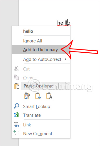 Tùy chọn thêm từ vào từ điển trong Word 