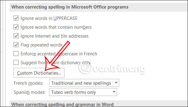 Nhấn Custom Dictionaries Word 