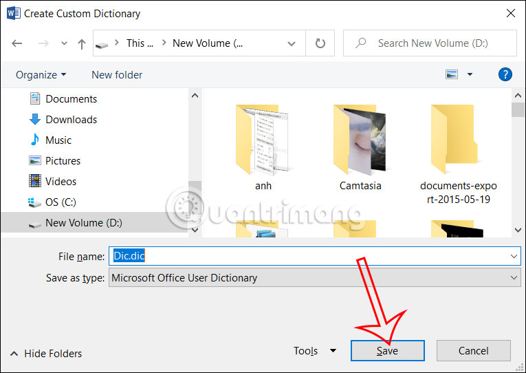 Lưu từ điển mới trong Word 