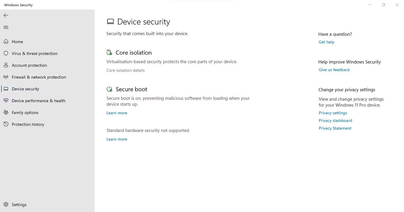 Nhấp vào tùy chọn Core isolation details trong tab Device security của ứng dụng Windows Security