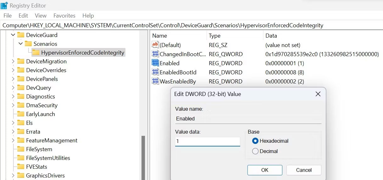 Tinh chỉnh key liên quan đến Memory Integrity trong Windows Register Editor