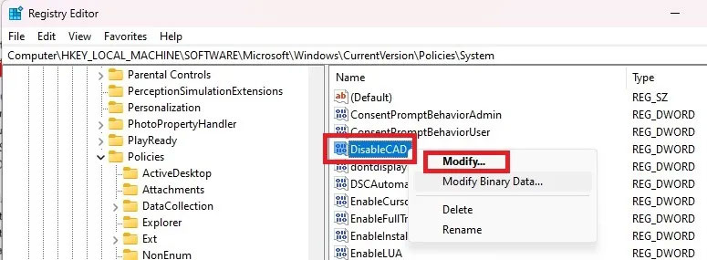 Chọn Modify từ menu ngữ cảnh trong Registry Editor.