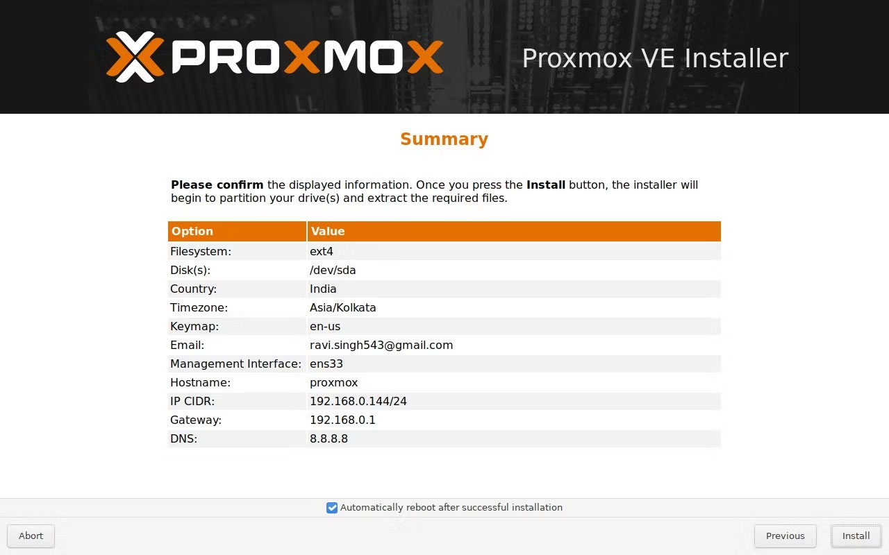 Xác nhận tất cả các cài đặt và nhấp vào Install để cài đặt Proxmox trên Intel NUC