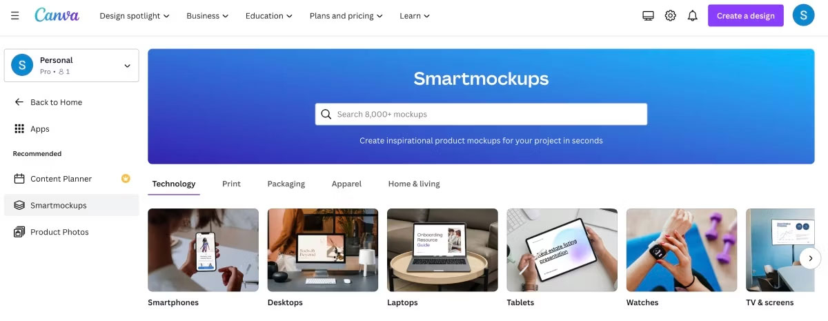 Trang chính của Canva với tính năng Smartmockups đang mở