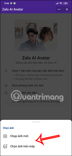Tải ảnh cá nhân cho Zalo AI Avatar