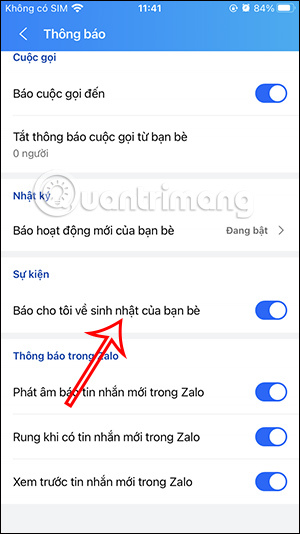 Thông báo sinh nhật Zalo bạn bè